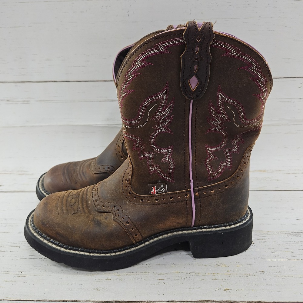 Justin Gypsy Western Boots Womens 7 Brown Pink Stitching Leather Cowgirl L9903